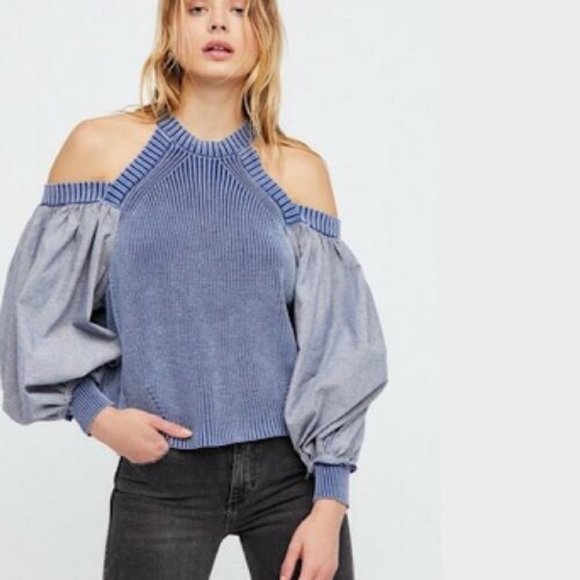 Free People Sweaters - Free People Catch A Glimpse Sweater Medium M Blue Cold Shoulder Chambray Sleeves